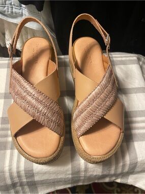 bernie mev. Woven Cross-Strap Tan Wedge Sandals